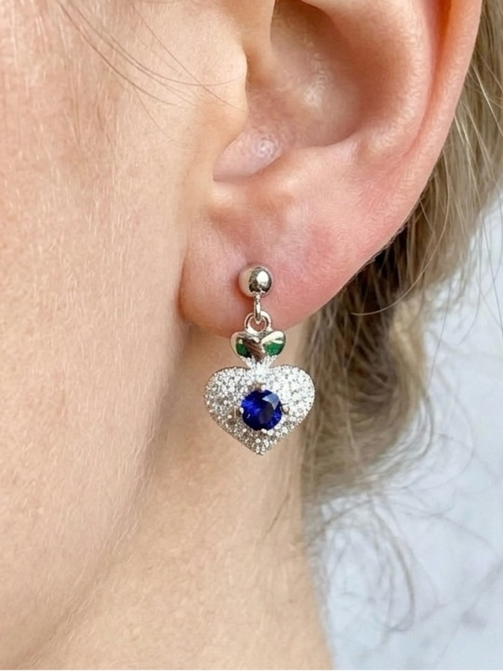 Silver Heart Drop Earrings with Blue Crystal Accent